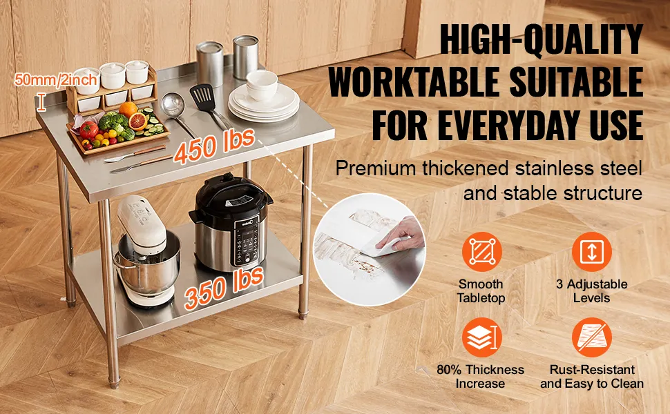 VEVOR stainless steel work table with smooth top, 450 lbs capacity top shelf, 350 lbs lower shelf.