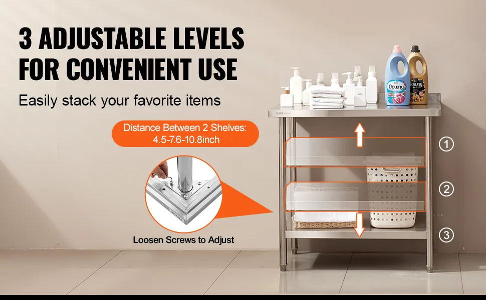 VEVOR stainless steel work table with three adjustable shelves, stacked with laundry supplies.
