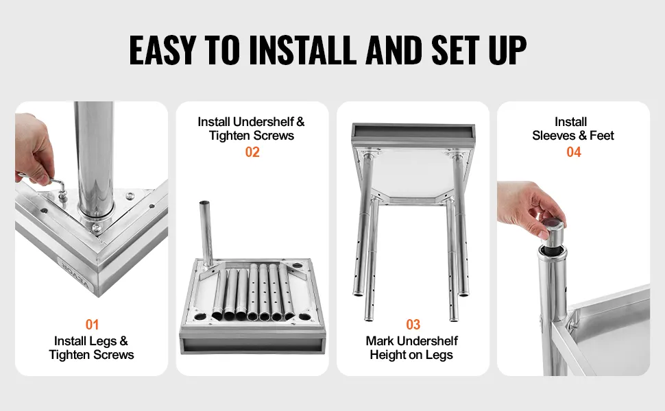 easy assembly of VEVOR stainless steel work table with leg installation, undershelf setup, and feet attachment.