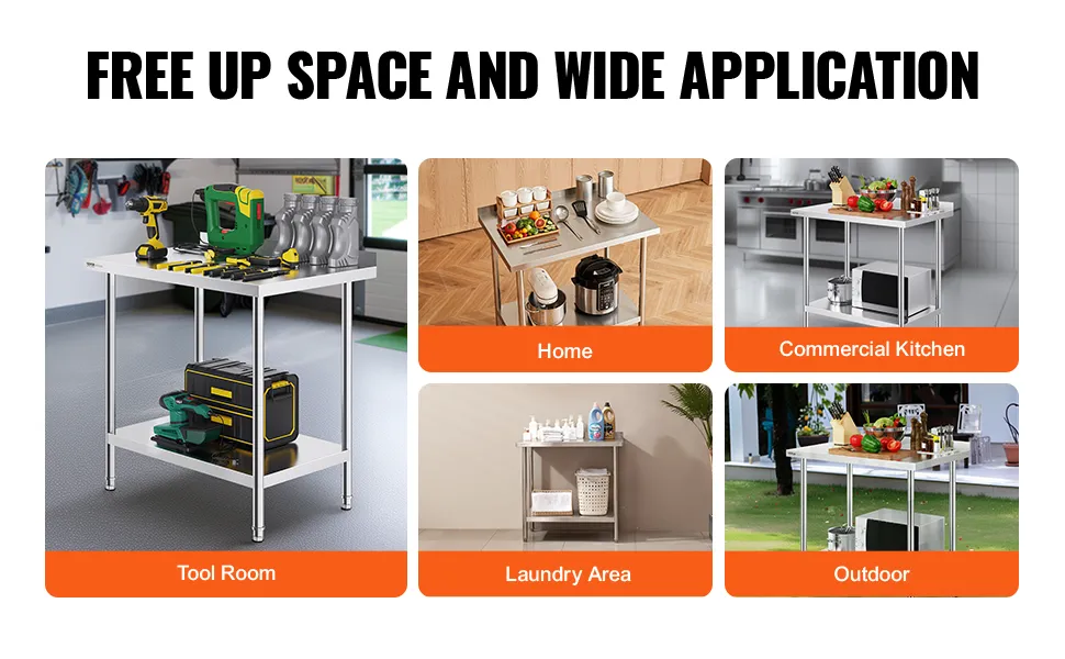 VEVOR stainless steel work table for home, commercial kitchen, tool room, laundry area, and outdoor use.