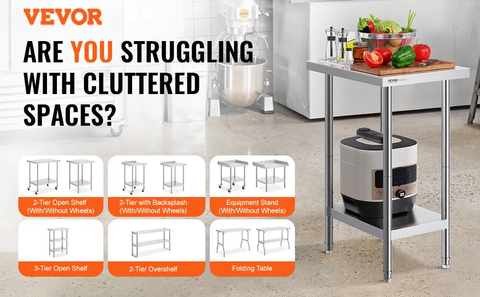 VEVOR stainless steel prep table with cutting board, vegetables, and various kitchen equipment options.