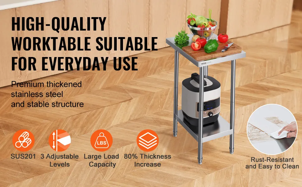 VEVOR stainless steel prep table with wooden top, nsf certified, rust-resistant, easy to clean.