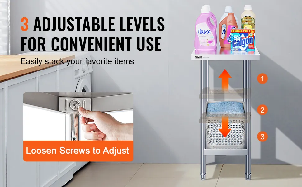 VEVOR stainless steel prep table with 3 adjustable levels, ideal for organizing laundry supplies.