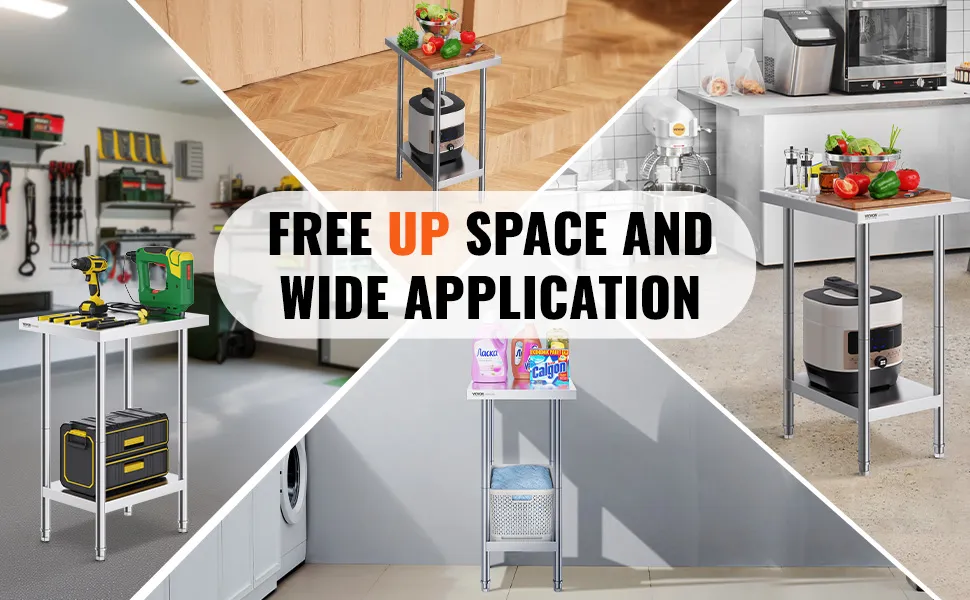 VEVOR stainless steel prep table used in kitchen, laundry room, and tool storage, freeing up space.