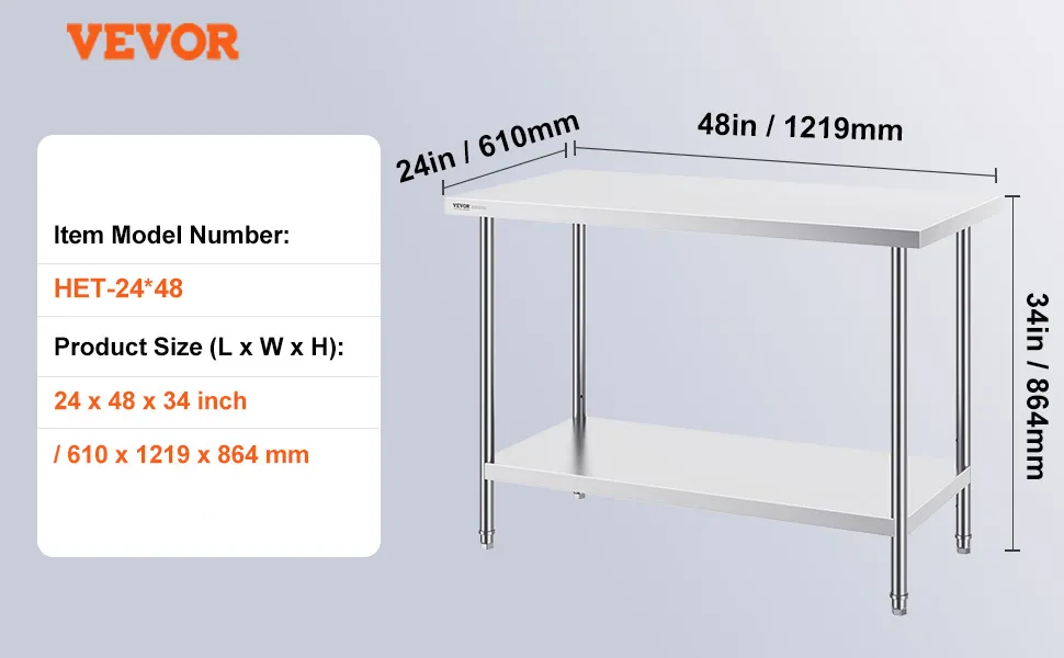 VEVOR-Zubereitungstisch aus Edelstahl, Modell het-24*48, 24 x 48 x 34 Zoll, 45 Pfund, Abmessungen beschriftet.