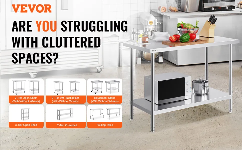 Tavolo da preparazione in acciaio inox VEVOR con diverse opzioni di ripiani per riordinare gli spazi della cucina.