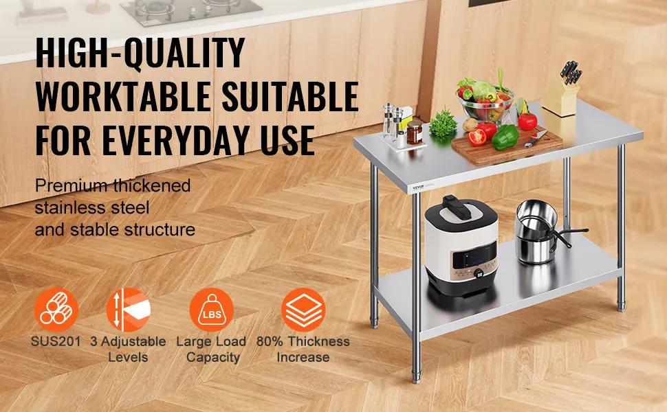 NSF-zertifizierter VEVOR-Zubereitungstisch aus Edelstahl mit Küchengeräten und Gemüse auf Holzboden.