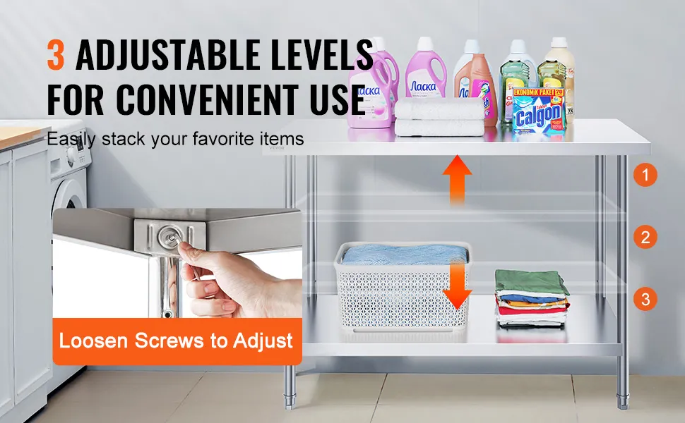 VEVOR-Zubereitungstisch aus Edelstahl mit 3 einstellbaren Ebenen für den bequemen Einsatz in einer Waschküche.