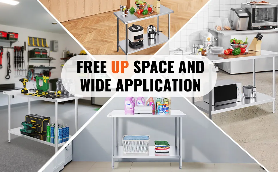 VEVOR-Zubereitungstisch aus Edelstahl in verschiedenen Umgebungen: Küche, Werkstatt, Waschküche und Büro.