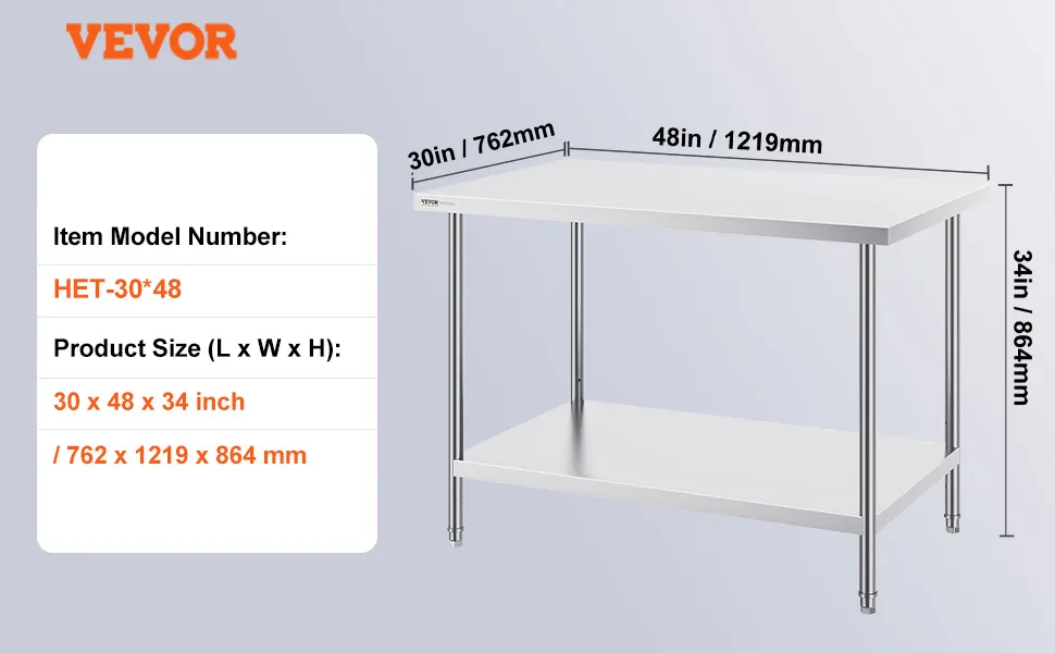 VEVOR stainless steel prep table, model het-30*48, 52lbs, 30 x 48 x 34 in, two-tier design.