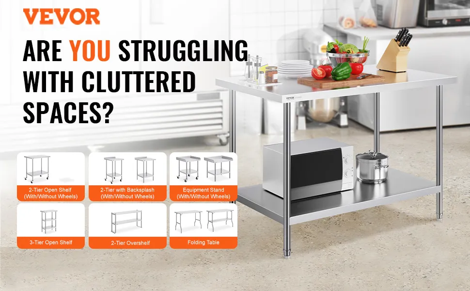 VEVOR stainless steel prep table in a kitchen with vegetables and kitchen tools. various product options shown.