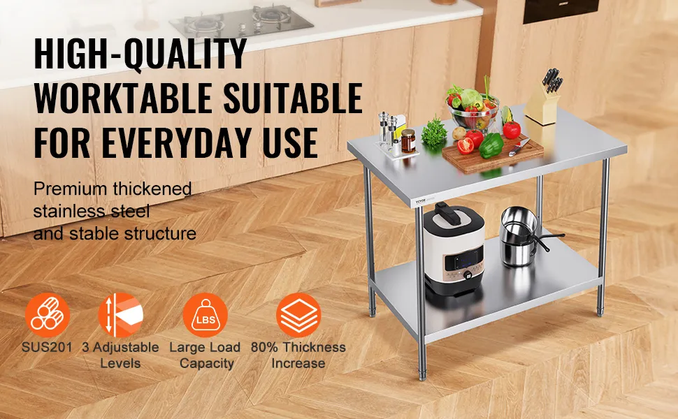 VEVOR stainless steel prep table with shelf in a kitchen, featuring nsf certification and culinary items.