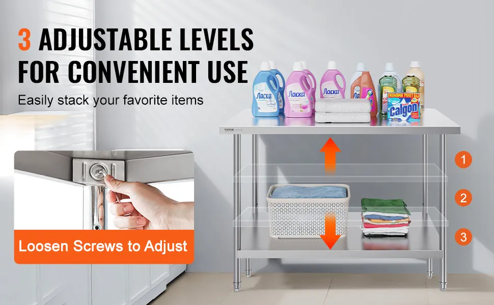 VEVOR stainless steel prep table with 3 adjustable shelves holding cleaning supplies and folded clothes.