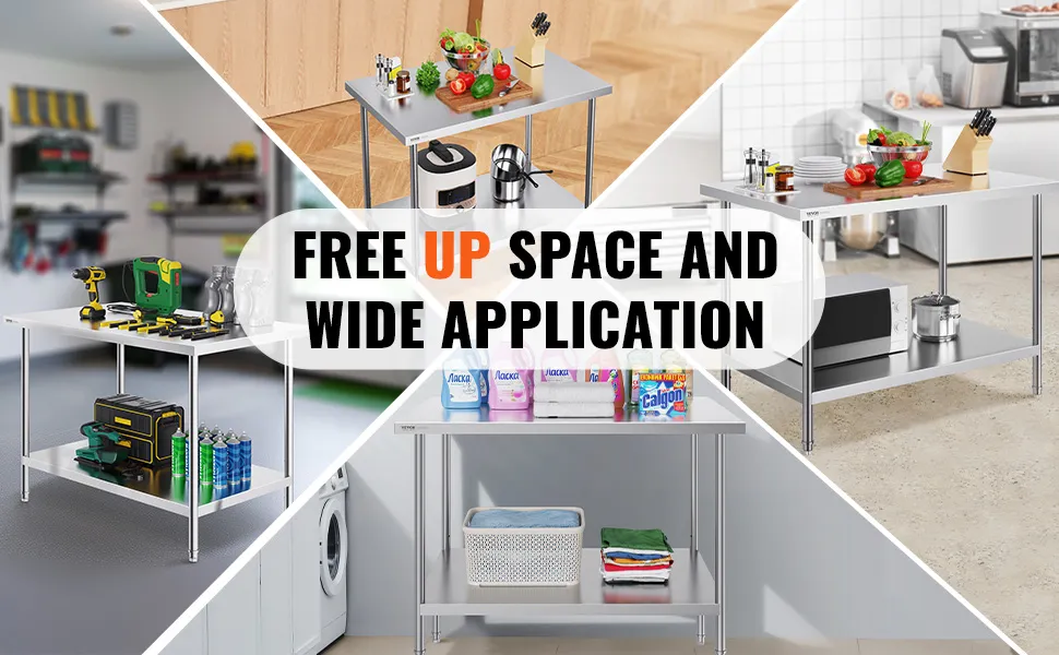 VEVOR stainless steel prep table in various settings, with text "free up space and wide application".