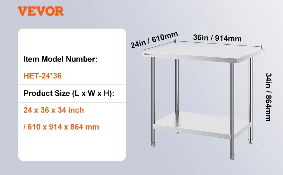 Tavolo da preparazione in acciaio inox VEVOR, modello het-24*36, 24x36x34 pollici, 35 libbre, ideale per la preparazione e lo stoccaggio in cucina.