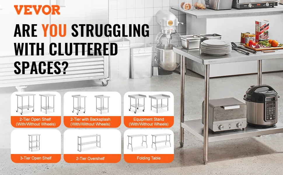 VEVOR stainless steel prep tables and equipment stands for clutter-free kitchen spaces.