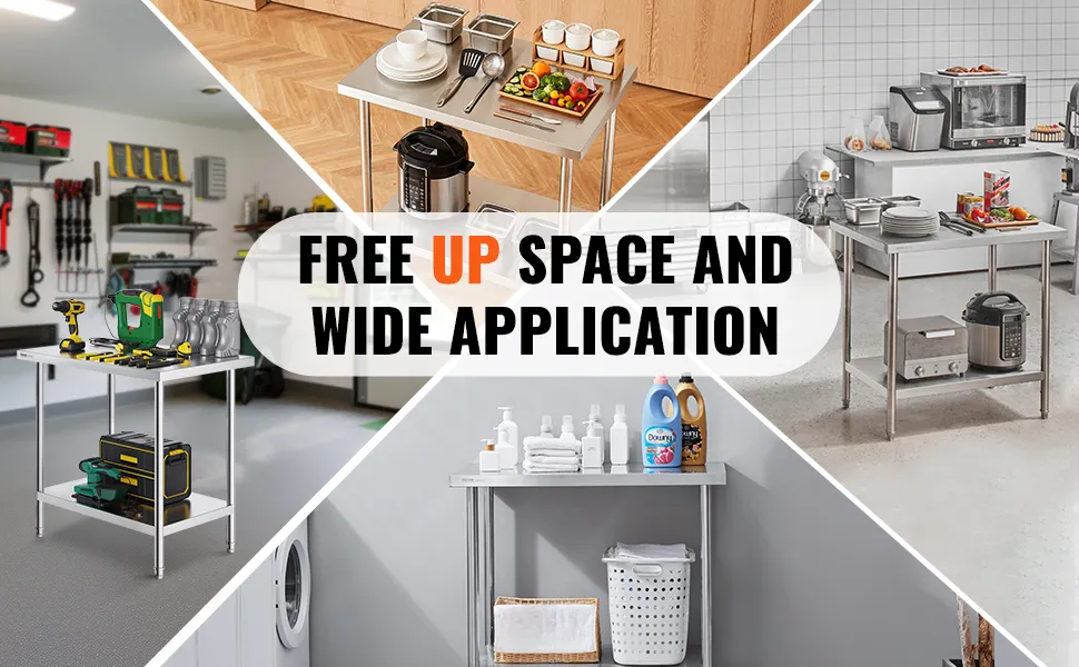 Tavolo da preparazione in acciaio inox VEVOR, ideale per cucine, officine, lavanderie e sale da pranzo, che dimostra la sua versatilità.