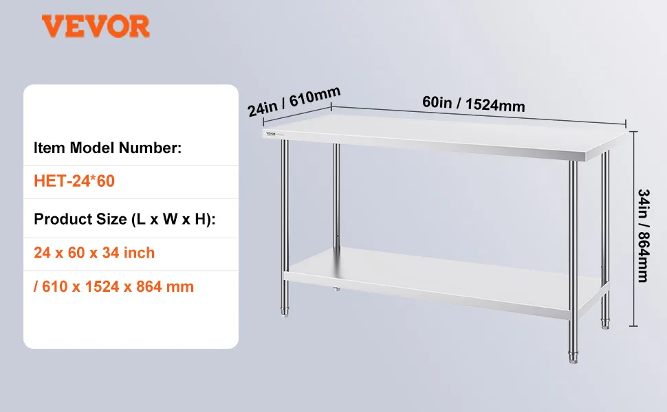 VEVOR stainless steel work table dimensions: 24x60x34 inches, weight: 55 lbs, model het-24*60.