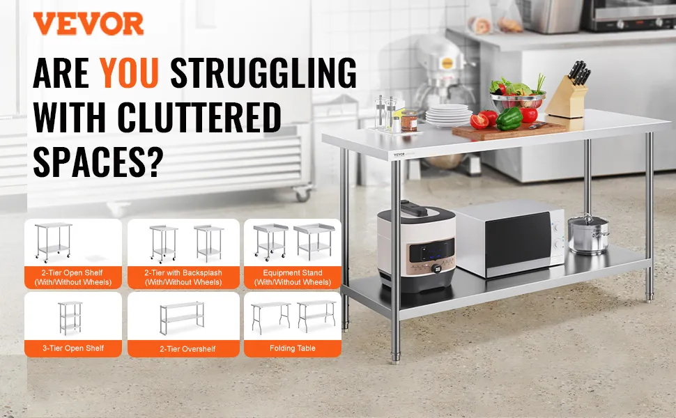VEVOR stainless steel work table in a kitchen with various appliances and text highlighting clutter solutions.