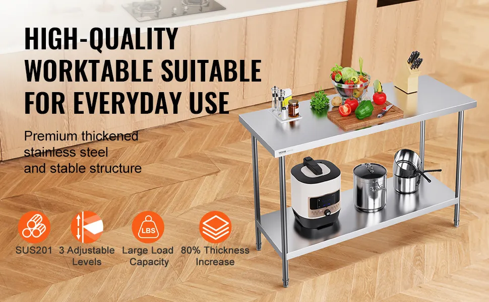 VEVOR stainless steel work table in modern kitchen with appliances, cutting board, and vegetables.