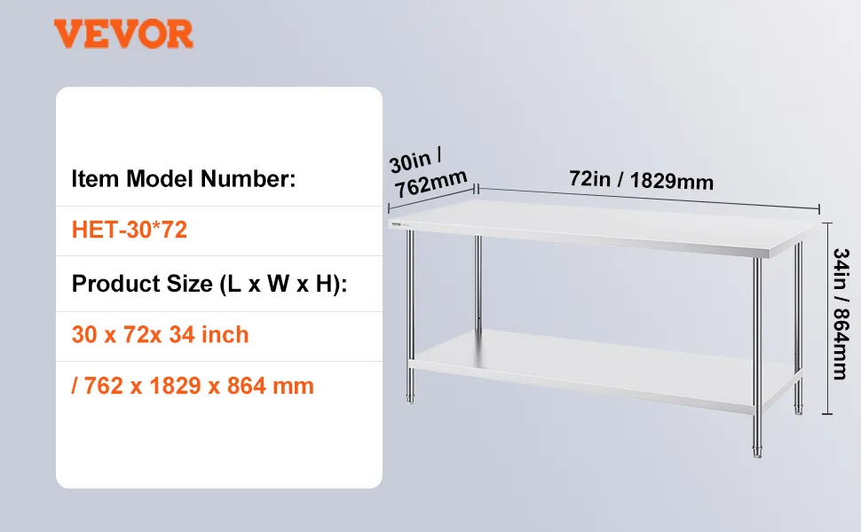 VEVOR roestvrijstalen werktafel het-30*72, 73lbs, 30x72x34 inches, strakke en stevige keukenwerkbank.
