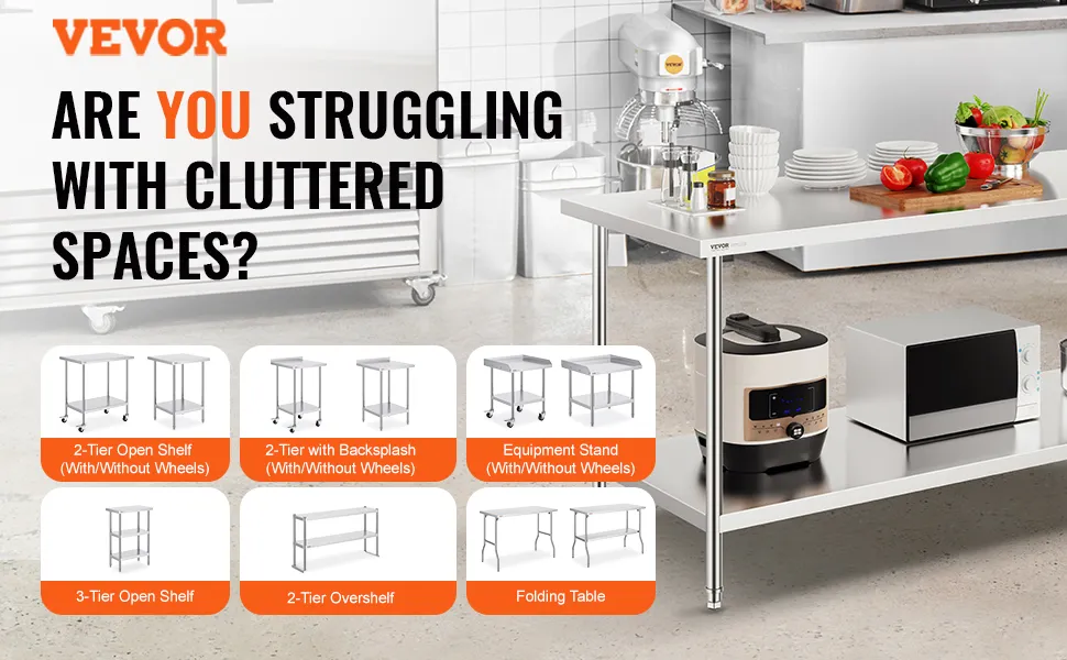 VEVOR stainless steel prep table in a kitchen with appliances and text about organizing cluttered spaces.