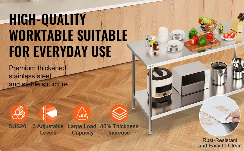 VEVOR roestvrijstalen voorbereidingstafel met keukengerei, magnetron en snijplank in een moderne keuken.