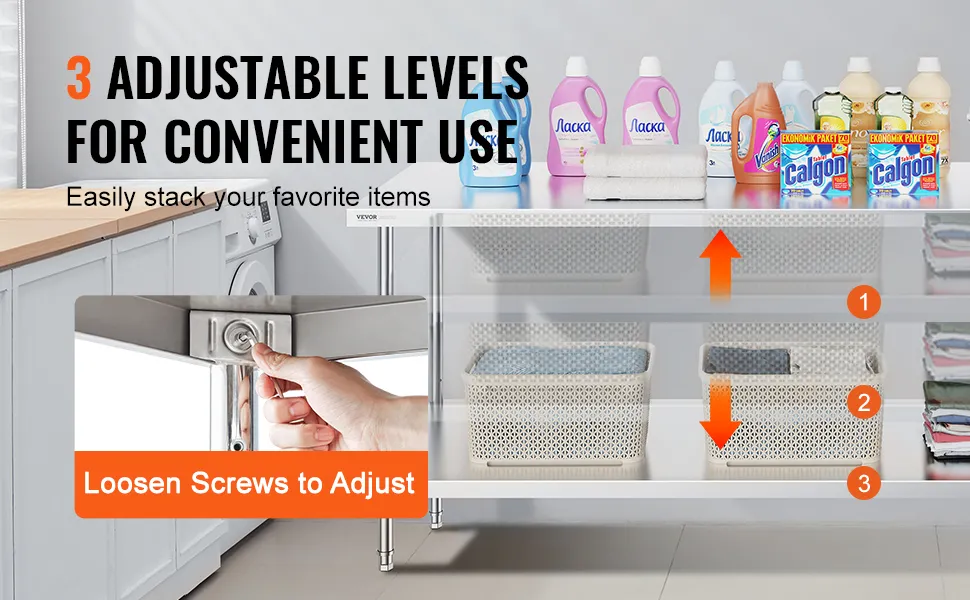 VEVOR roestvrijstalen voorbereidingstafel met 3 verstelbare niveaus voor handige opslag en organisatie.