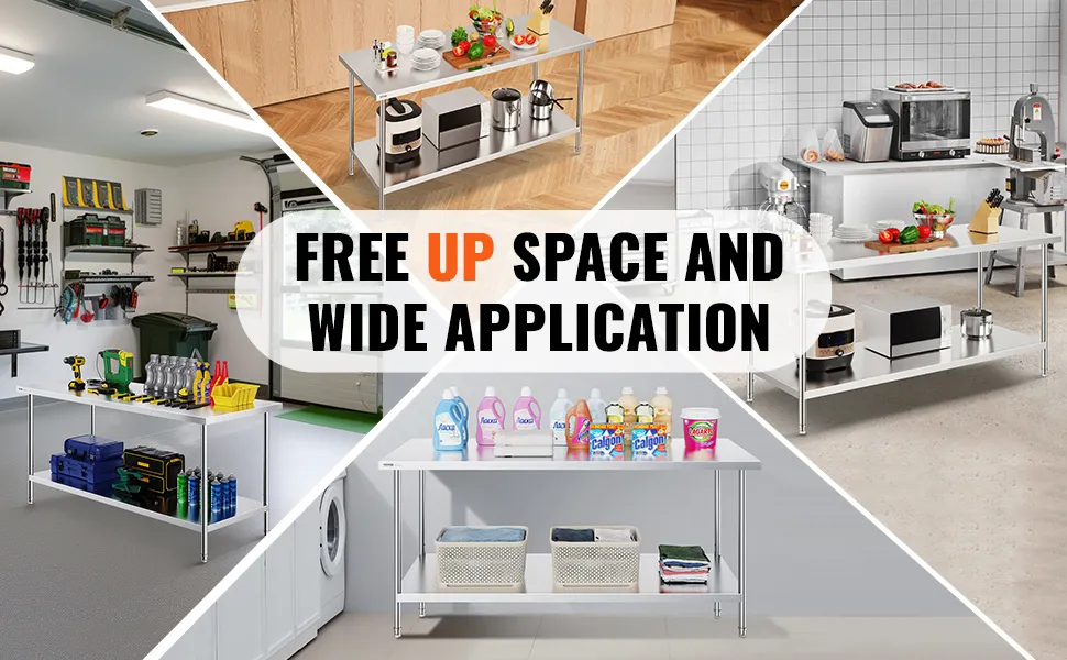 De roestvrijstalen voorbereidingstafel van VEVOR is geschikt voor uiteenlopende omgevingen en toont organisatie en veelzijdigheid.