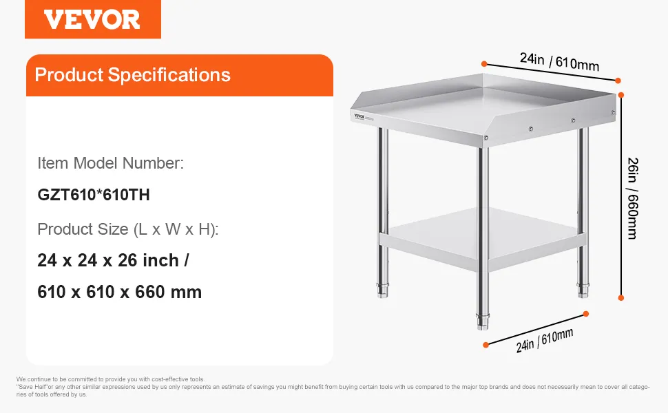 VEVOR stainless steel work table, 24 x 24 x 26 inch, 25.1 lbs, model gzt610*610th.