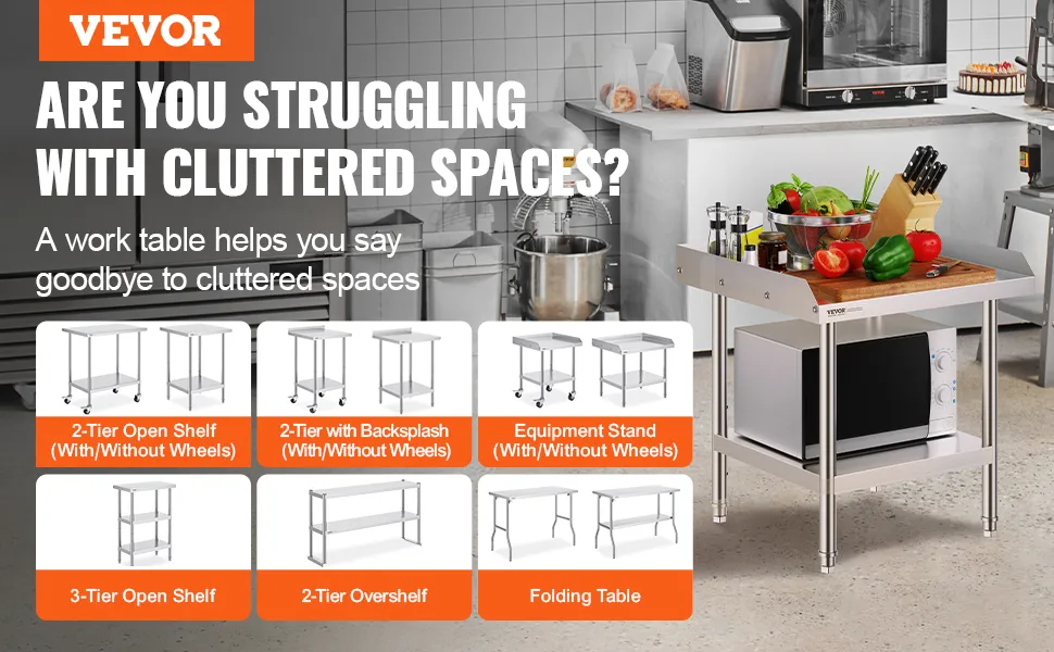 VEVOR stainless steel work table in kitchen with vegetables and equipment, various table options below.