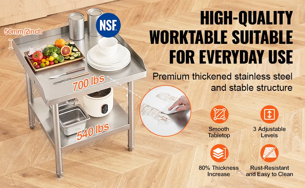 VEVOR stainless steel work table with a smooth tabletop, 3 adjustable levels, and rust-resistant features.