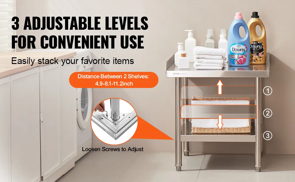 VEVOR stainless steel work table with 3 adjustable levels for convenient use, holding laundry supplies.