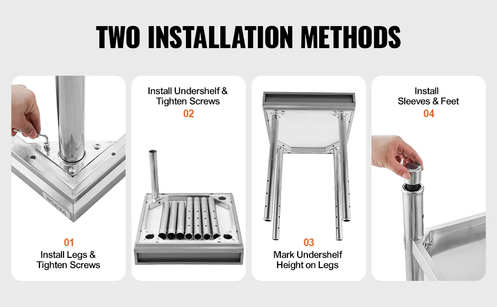 two installation methods for VEVOR stainless steel work table: install legs, tighten screws, add undershelf.