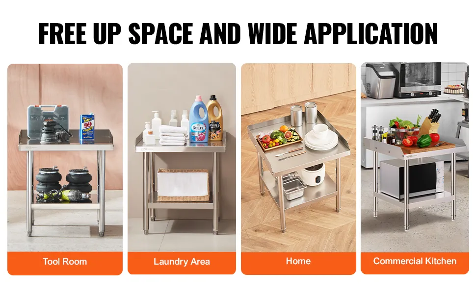 VEVOR stainless steel work table in tool room, laundry area, home kitchen, and commercial kitchen.