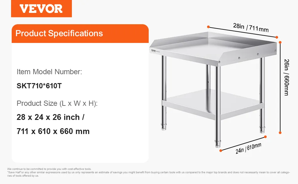 VEVOR stainless steel work table dimensions and specifications: 28 x 24 x 26 inches, 27 lbs.