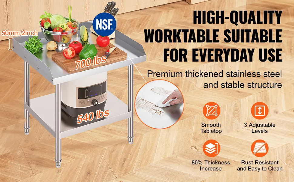 VEVOR stainless steel work table with adjustable levels, nsf certification, supports 700 lbs, and is rust-resistant.
