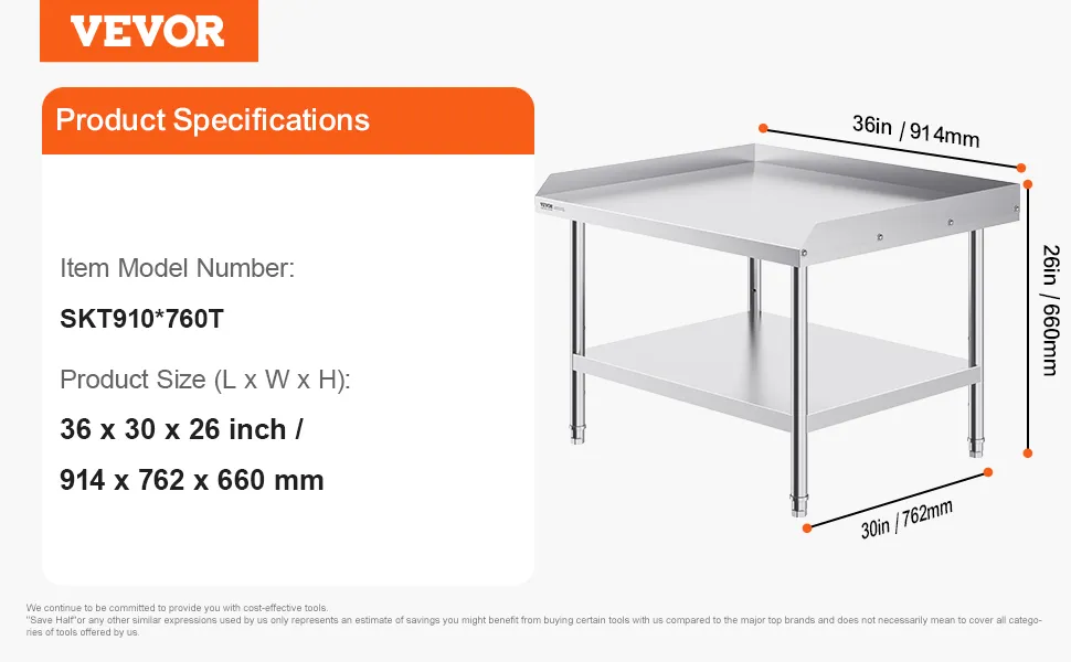 VEVOR stainless steel work table, 36x30x26 inches, 39 lbs, model skt910*760t, with lower shelf.