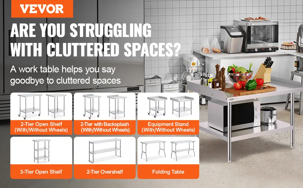 VEVOR stainless steel work table, various models displayed, promoting organized kitchen workspaces.