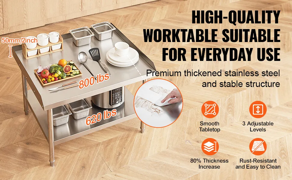 nsf-certified VEVOR stainless steel work table with smooth tabletop, 3 adjustable levels, and 800 lbs load.