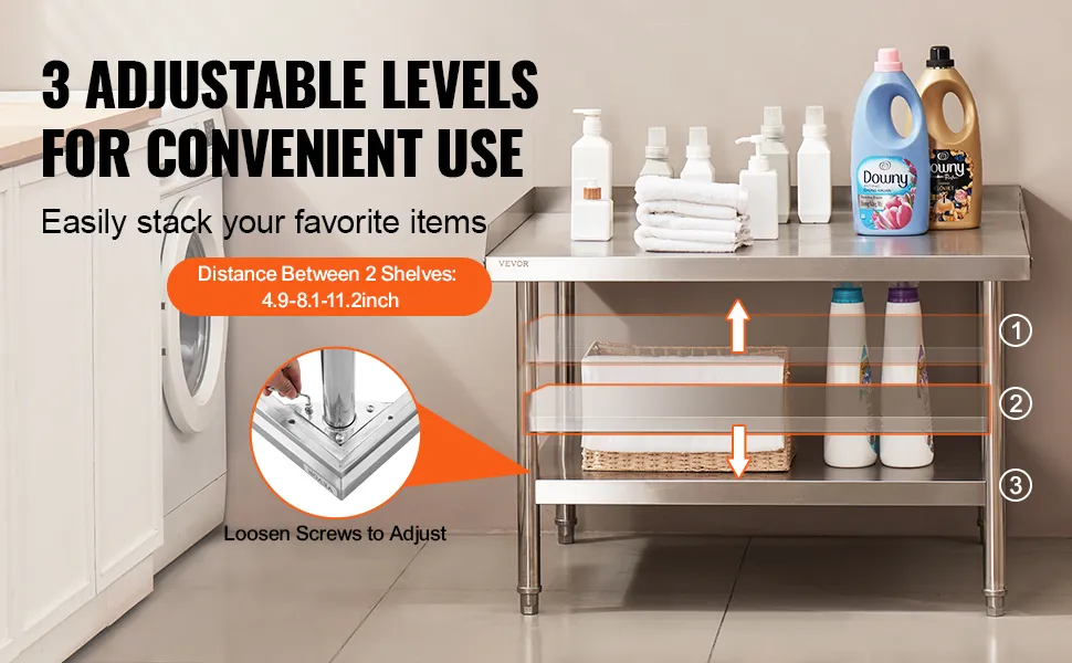 VEVOR stainless steel work table with adjustable shelves, holding bottles, and towels in a laundry room.