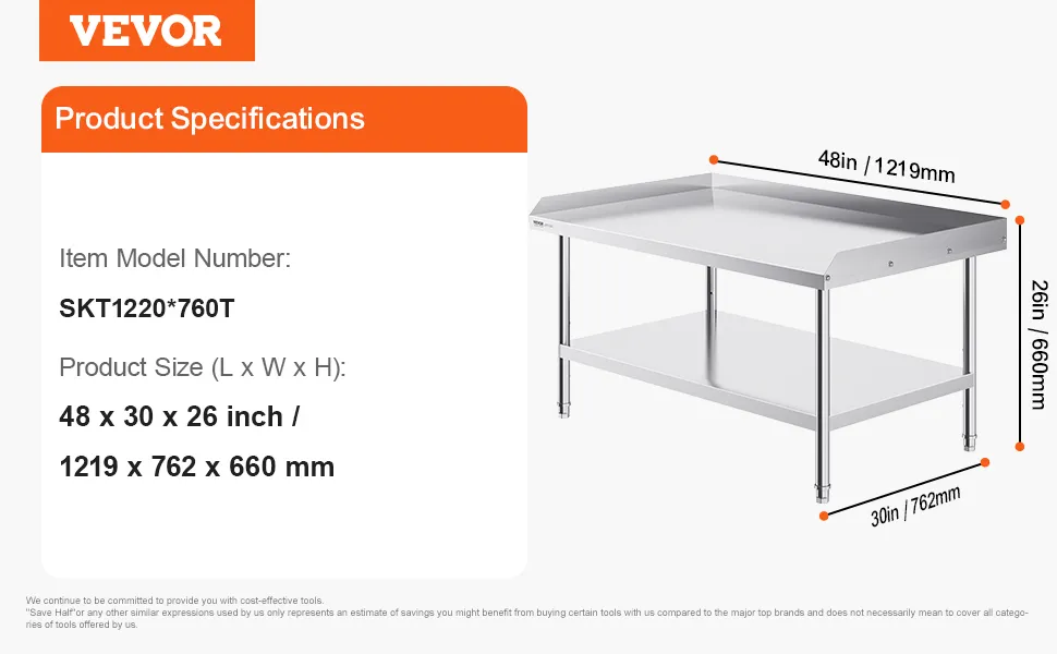 VEVOR stainless steel work table specifications: 48x30x26 inches, 51 lbs, model skt1220*760t.