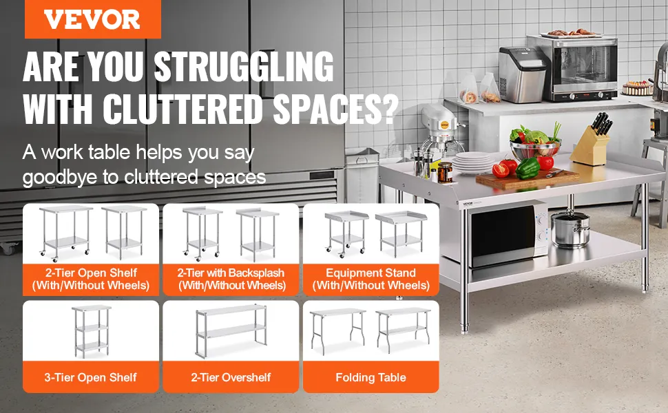 VEVOR stainless steel work table options for organized kitchen spaces; open shelf, backsplash, and equipment stand.