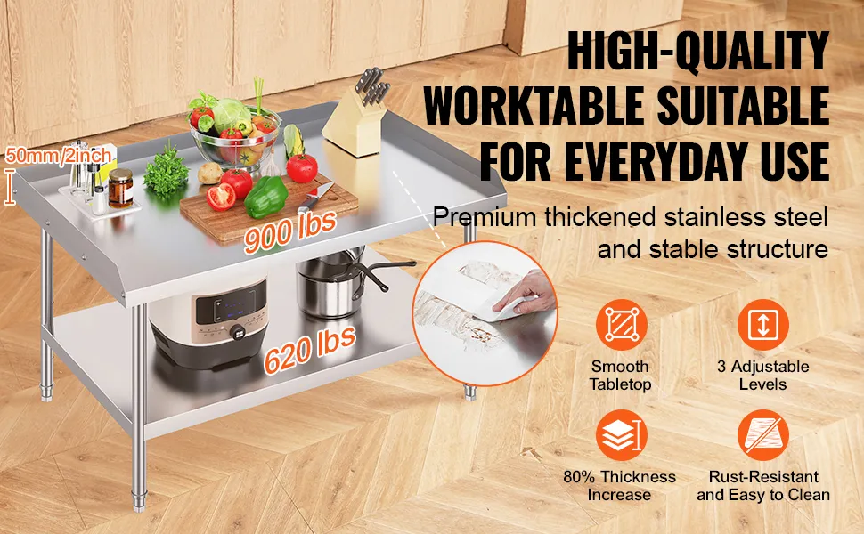 VEVOR stainless steel work table with 900 lbs top capacity, smooth tabletop, and rust-resistant structure.