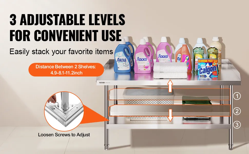 VEVOR stainless steel work table with adjustable shelves holding detergents, towels, and a storage basket.