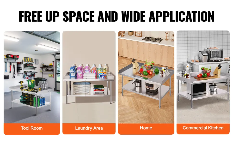 free up space with the VEVOR stainless steel work table in tool rooms, laundry areas, homes, and kitchens.
