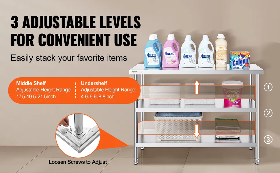 VEVOR stainless steel food prep table with 3 adjustable levels for organizing household items.