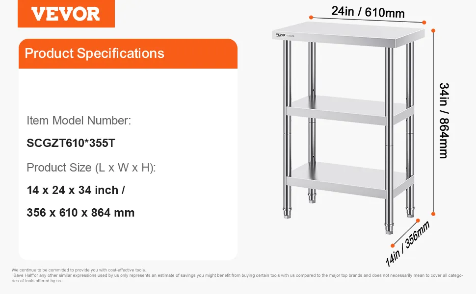 VEVOR stainless steel food prep table with three shelves, with dimensions 14 x 24 x 34 inches.
