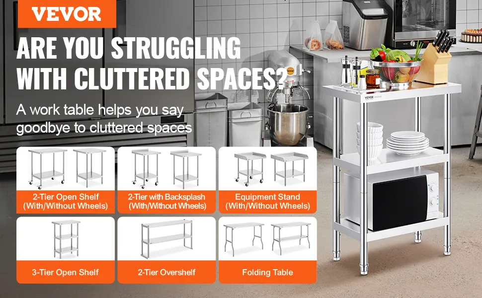VEVOR stainless steel food prep table in a clean kitchen with multiple table options for organized spaces.