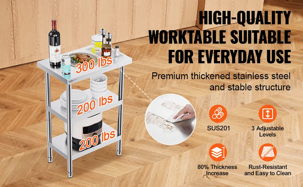 VEVOR stainless steel food prep table with 3 adjustable levels, handles up to 300 lbs, stable and rust-resistant.